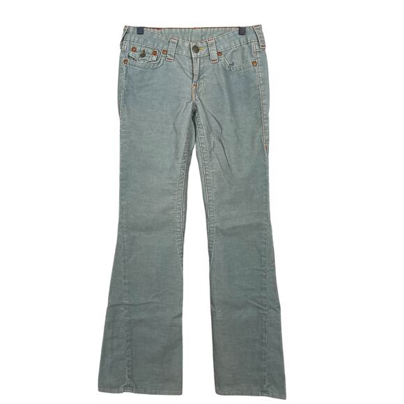 True Religion Joey Mint Green Corduroy Low Rise Flare Pants Size 28 Y2K